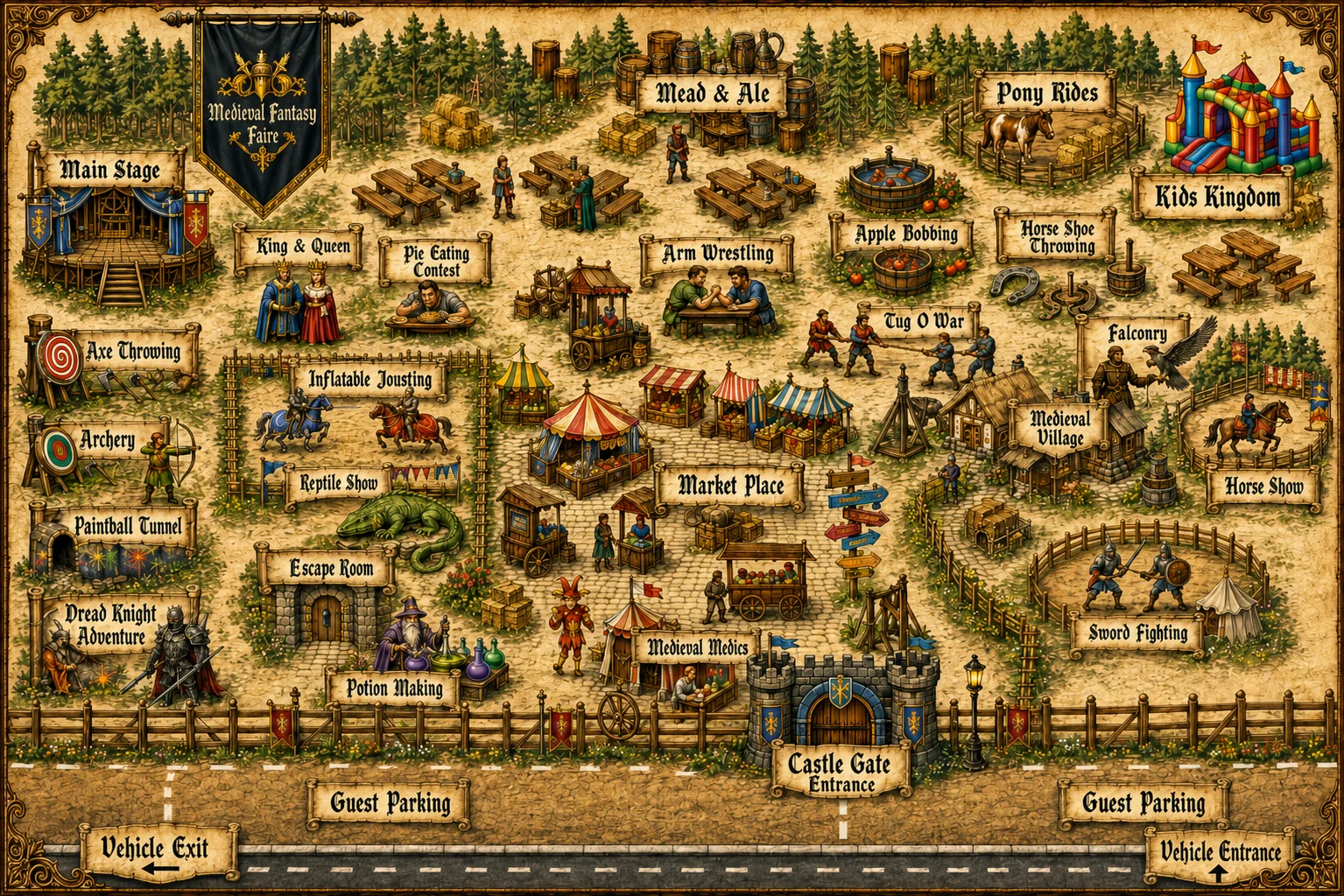 Illustrated map of the Medieval Fair grounds — Castle Gate entrance, Main Stage, Market Place, Kids Kingdom, Mead & Ale, Pony Rides, Falconry, Sword Fighting, and the rest of the day's activities laid out across one open field